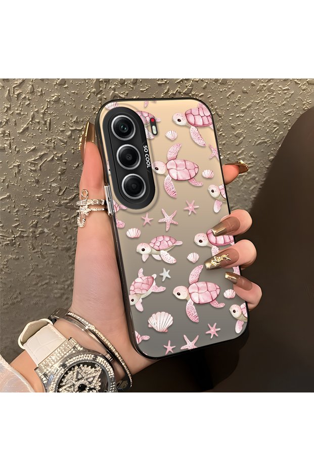 غطاء سيليكون متوافق مع هاتف Tecno Camon 40، بتصميم لطيف يضم رسومات لسلاحف وردية وصدف بحرية.