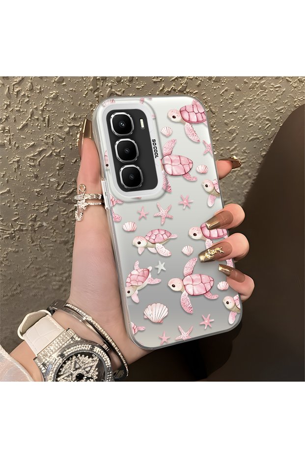 Pink Turtle and Seashell Patterned Silicone Case Compatible with the Infinix Hot 60 Pro, Featuring a Cute Design.