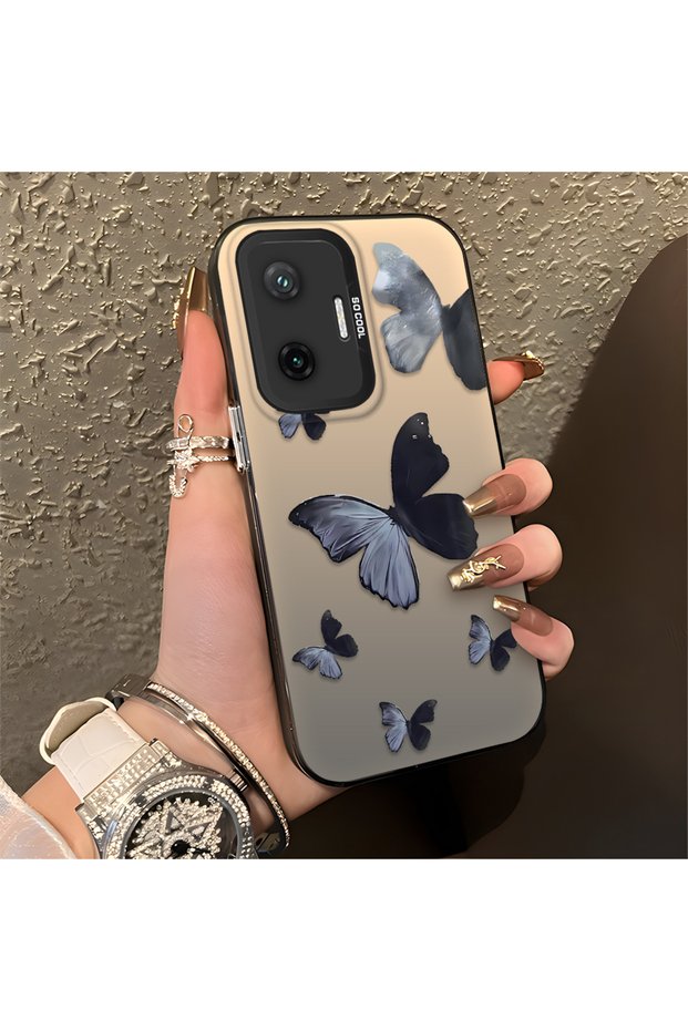 Black and Gray Butterfly-Printed Protective Case Compatible with Poco F7, Offering Impact Protection.