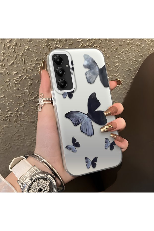 Samsung Galaxy A05S Compatible Black and Gray Butterfly-Printed Protective Case, Offering Impact Protection.