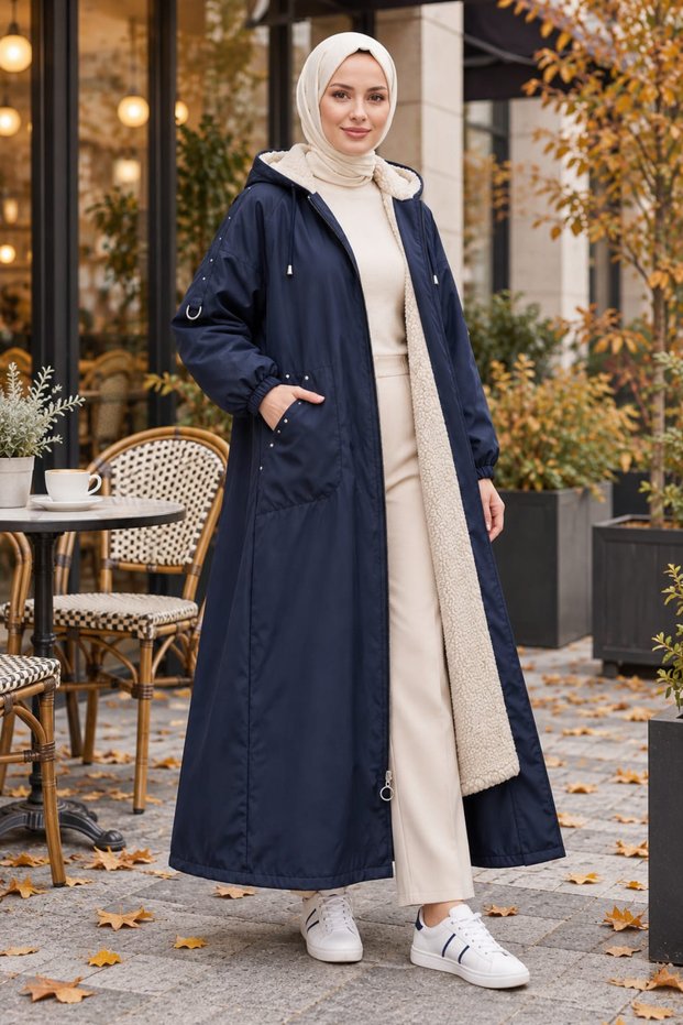 Women's Navy Blue Bondit Jacket with Hood, Zipper, and Pockets.