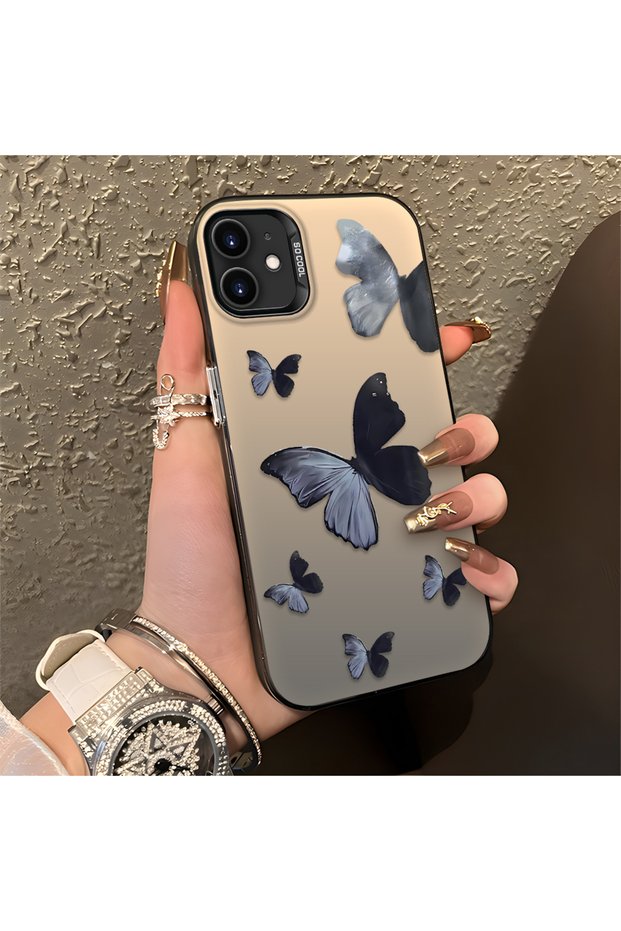 Black and Gray Butterfly-Printed Protective Case Compatible with iPhone 12 Mini, Offering Impact Protection.