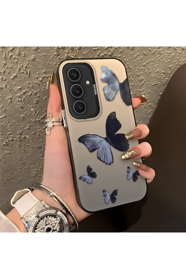 Black and Gray Butterfly-Printed Protective Case Compatible with the Samsung Galaxy S24 Plus, Offering Impact Protection.