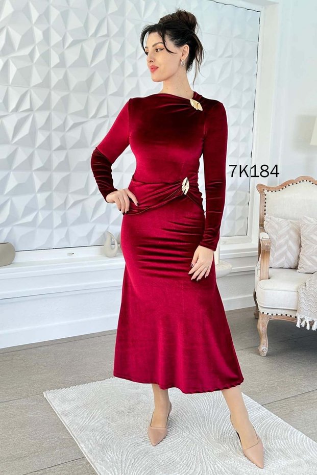 Buckle Detail, Gathered Waist, Velvet Dress 7K184