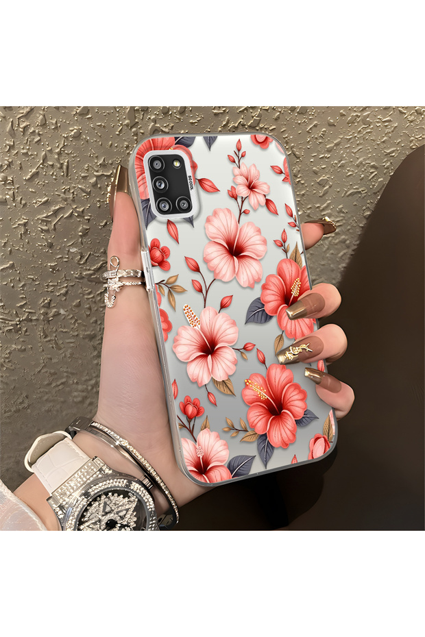 Samsung Galaxy A31 Compatible, Pink Protective Case with a Large Floral Print, Offering Impact Protection.