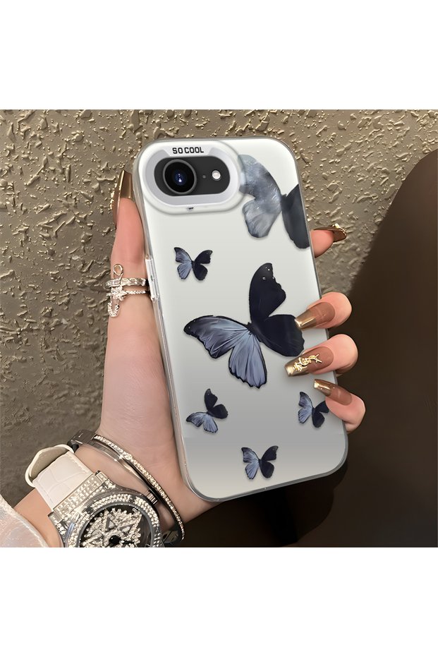 Black and Gray Butterfly-Printed Protective Case Compatible with iPhone 16E, Offering Impact Protection.
