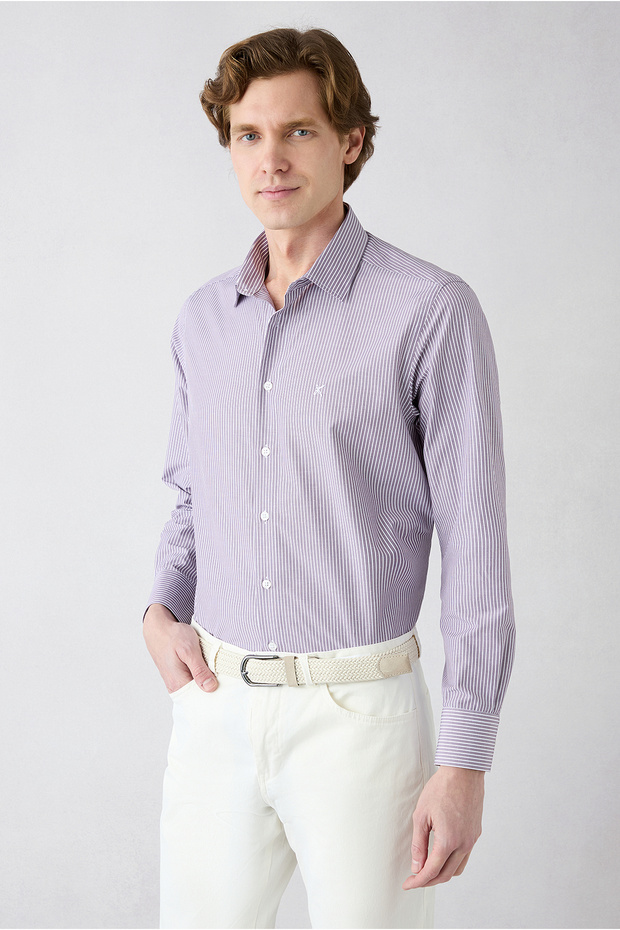 Long Sleeve Classic Striped Embroidered Cotton Easy-Iron Shirt