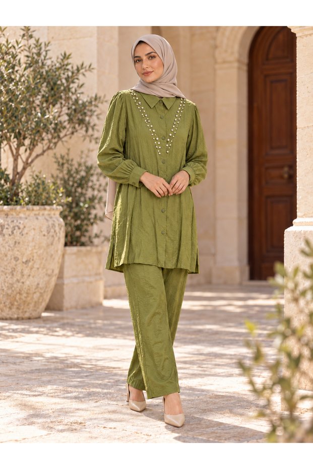 Women's Khaki Shirt-Style Tunic and Pants Set with Pearl and Stone Details, Yrn-2136.