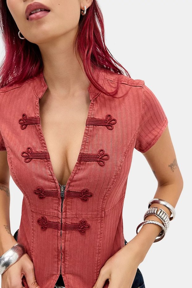 Padda Washed Red Patterned Denim Shirt