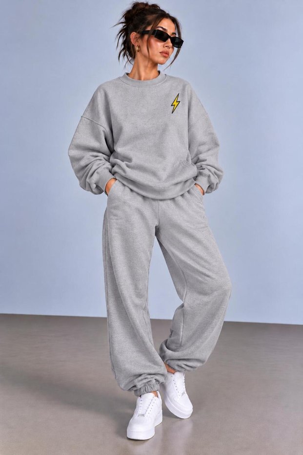Crew-Neck Sweatshirt 2-Piece Set with Brushed Inside Zipper, Top and Bottom, Lightning Print