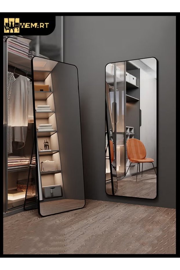 Full-Length Black Aluminum Mirror with Stand and Wall-Mount Option