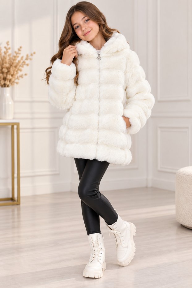 Girls' Plush Fur Coat, Hooded, Zippered, with Pom-Poms, Soft Textured, Thick Winter Jacket.