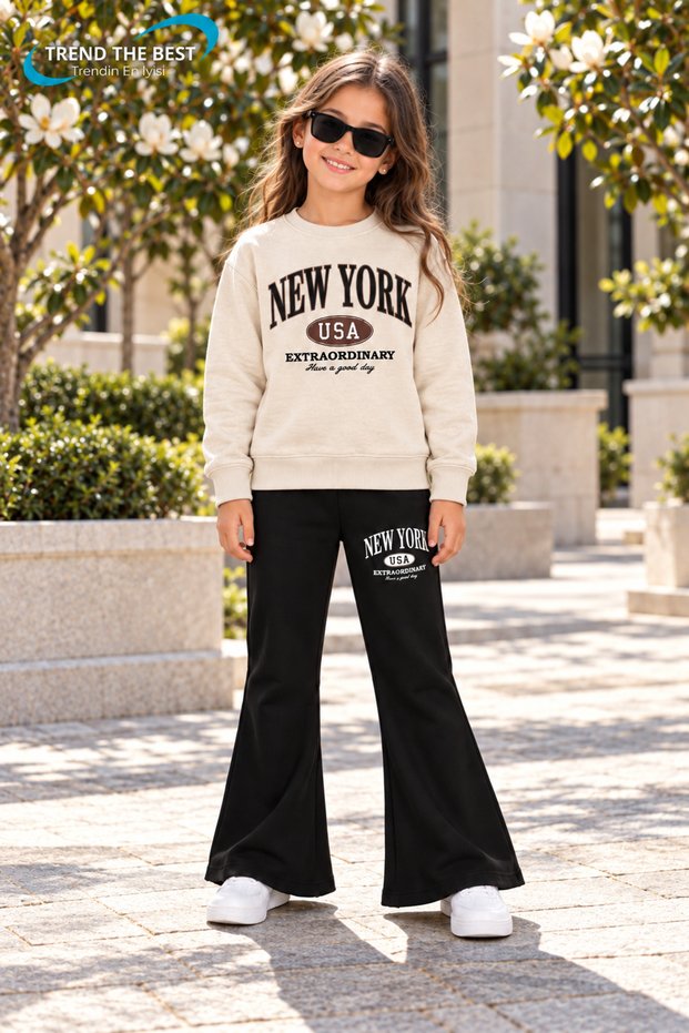 Winter, Spring, and Autumn Girls' Black Spanish Flared Bottoms and Beige Sweat Top