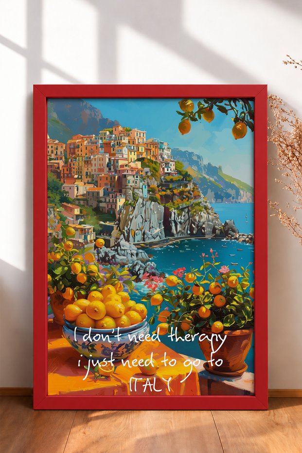 Go to Italy, Lemon-Themed Coastal Village Framed Painting, Italy Poster, Wall Decor, Itp126.