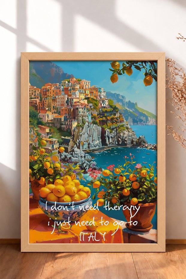 Go to Italy, Lemon-Themed Coastal Village Framed Painting, Italy Poster, Wall Decor, Itp126.