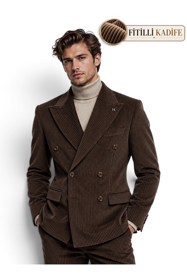 Brown Thick Ribbed Velvet Double-Breasted Men's Suit