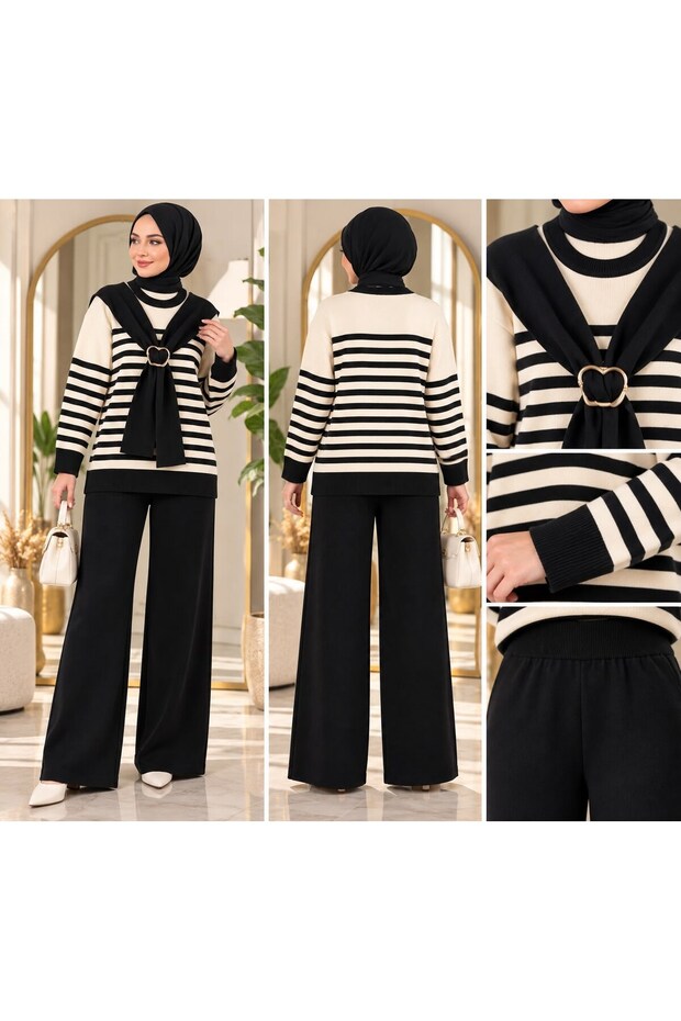 Women's hijab shawl detailed striped knitwear pantsuit black