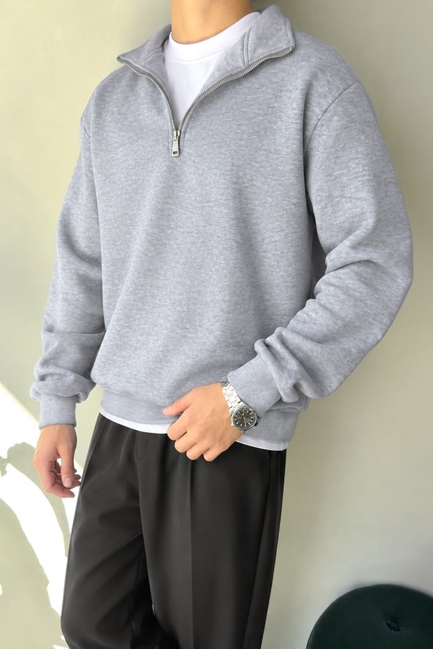 Half Zip Grey Melange Oversize Polo Collar Sweatshirt