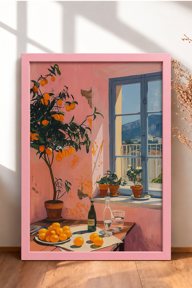 Orange Tree and Pink-Walled Room Framed Poster, Italy Poster, Living Room and Kitchen Wall Decor, Itp146.