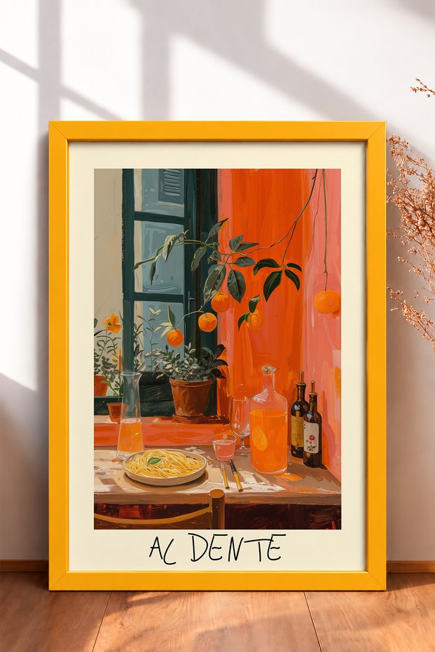 Al Dente Spaghetti and Orange Branches Framed Painting, Italy Poster, Wall Decor, Itp160.
