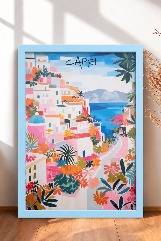Floral White Houses on the Capri Slope – Framed Painting, Italy Poster, Living Room, Kitchen, Wall Decor, Itp166.