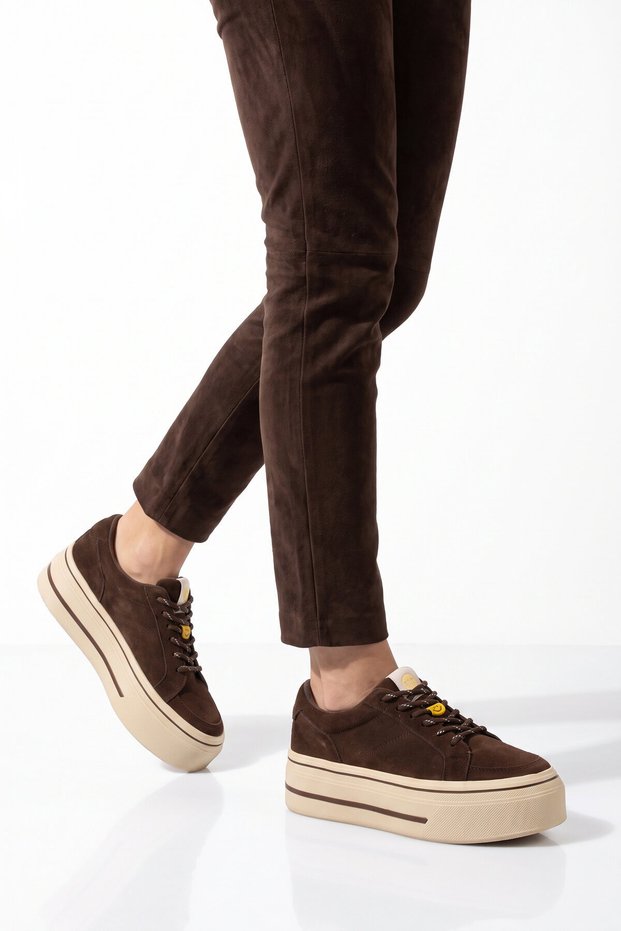 Thick-Soled Accessory Lace-Up Sneaker, Genuine Leather, Brown, Women's Casual Walking Shoes, 26K366-2.