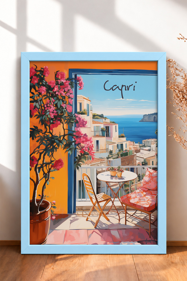 Capri Balcony with Sea View – Framed Painting, Italy Poster, Living Room, Kitchen, Wall Decor, Itp165.