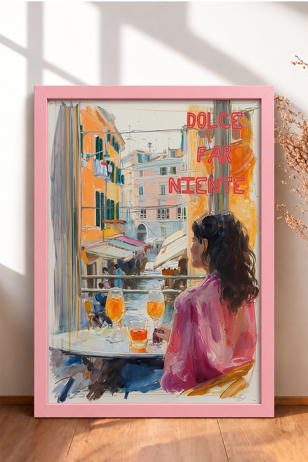 Dolce Far Niente, Coffee Shop with Women, Framed Painting, Italy Poster, Living Room, Kitchen, Wall Decor, Itp151.
