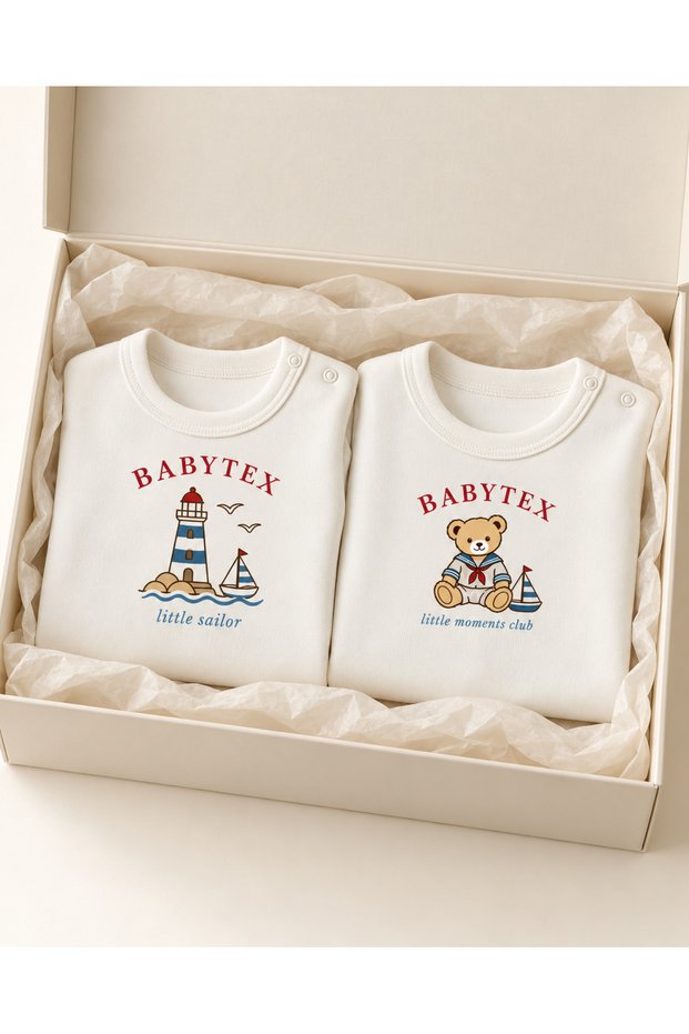 2-Piece 100% Cotton Long-Sleeved Baby Bodysuit Set with Sailor Print and Snap Fasteners.