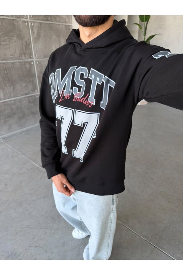 77 Printed Oversized Hoodie T-Shirt, Black.