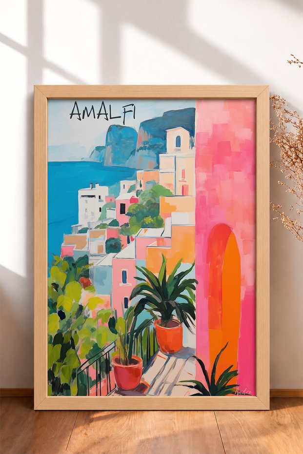 Amalfi Pink Belt and Potted Plant on a Terraced Frame – Italy Poster – Living Room, Kitchen, Wall Decor – Itp162