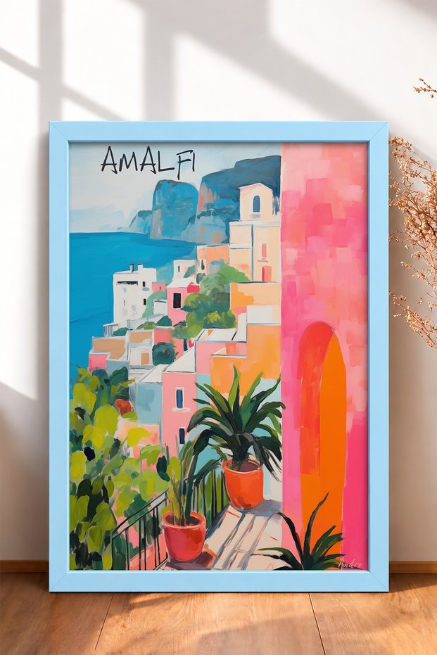 Amalfi Pink Belt and Potted Plant on a Terraced Frame – Italy Poster – Living Room, Kitchen, Wall Decor – Itp162