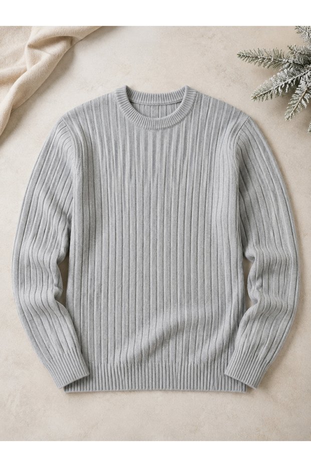 Men's Crew Neck Ribbed Long Sleeve Knit Sweater