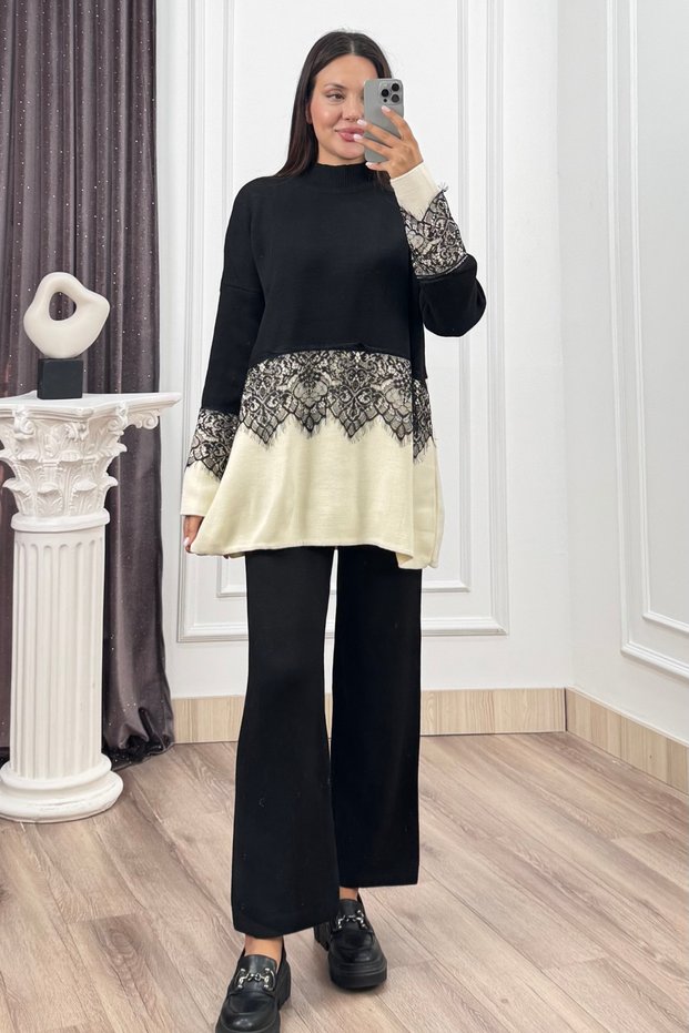 Women's Winter Black Elıora Knit Set with Tulle Lace Details P035