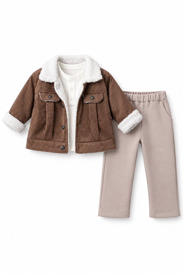 Boys' Plush Collar Velvet Jacket, Shirt, and Sweatpants 3-Piece Set, Ages 1–4.