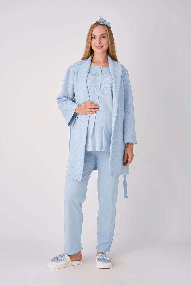 Maternity Pajama Set with Robe, 3-Piece Set, Lace Panel, Buttoned, Nursing-Friendly, Jacquard.