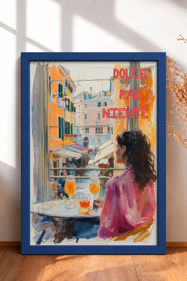 Dolce Far Niente, Coffee Shop with Women, Framed Painting, Italy Poster, Living Room, Kitchen, Wall Decor, Itp151.