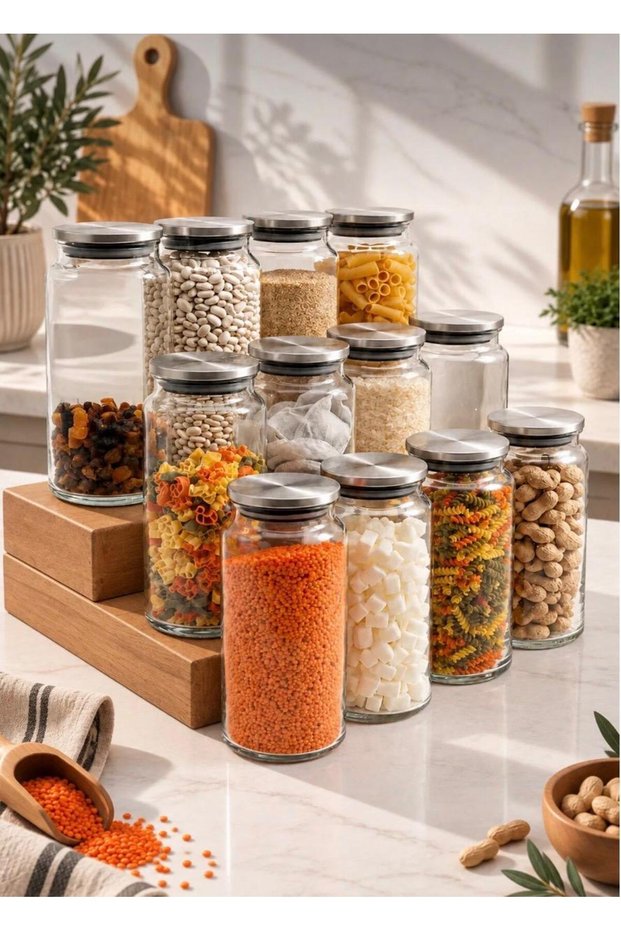 Set of 12, 1400 ml Vacuum-Sealed Glass Jars with Metal Lids for Storing Legumes and Other Pantry Items