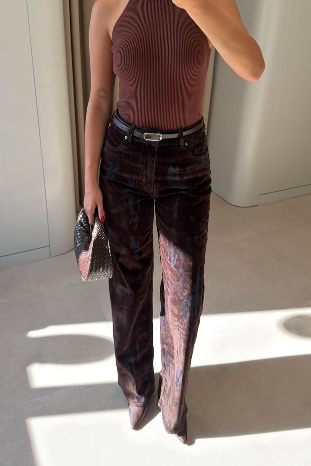 Premium Flock Printed Jeans - Brown