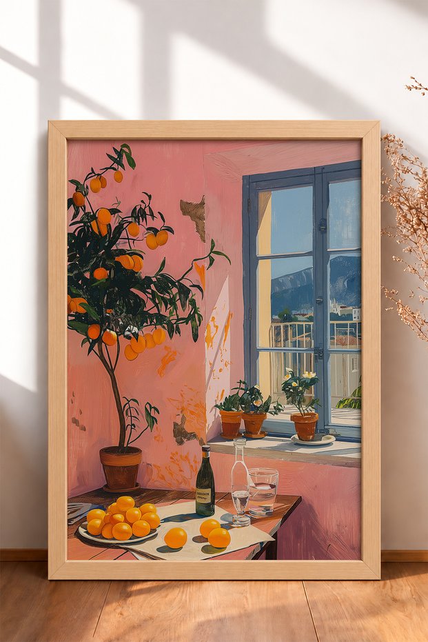 Orange Tree and Pink-Walled Room Framed Poster, Italy Poster, Living Room and Kitchen Wall Decor, Itp146.