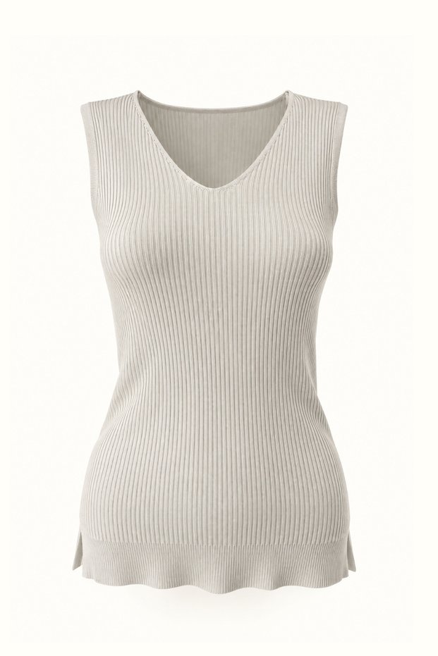V-Neck Sleeveless Smoke Gray Corded Fabric Sweater
