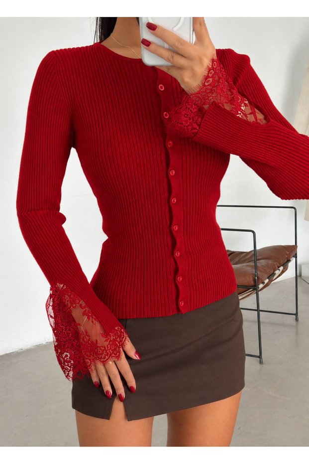 Red Knit Cardigan with Lace Detail - 0207