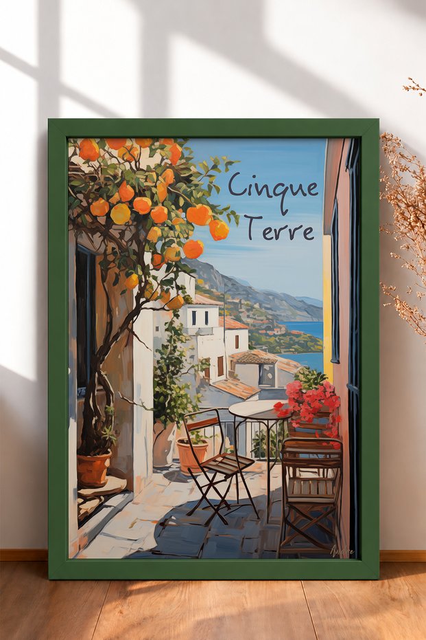 Five Terre Terrace with Orange Tree Framed Painting, Italy Poster, Wall Decor, Itp169.