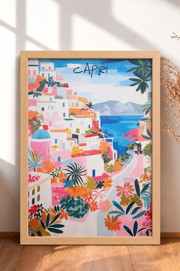 Floral White Houses on the Capri Slope – Framed Painting, Italy Poster, Living Room, Kitchen, Wall Decor, Itp166.