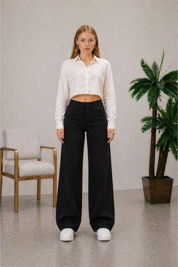 Toccet Women's High-Waisted Black Jeans, Loose-Fit Black Denim, Stretchy Palazzo Pants.
