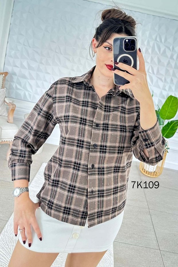 Stone Detailed Plaid Lumberjack Shirt 7K109