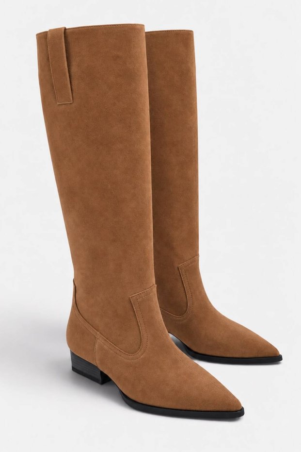 Women's Tan Suede Pointed-Toe Low-Heeled Western Boots.