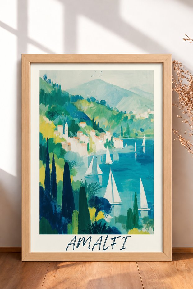 Amalfi Bay and Sailboats Framed Painting, Italy Poster, Living Room, Kitchen, Wall Decor, Itn018.