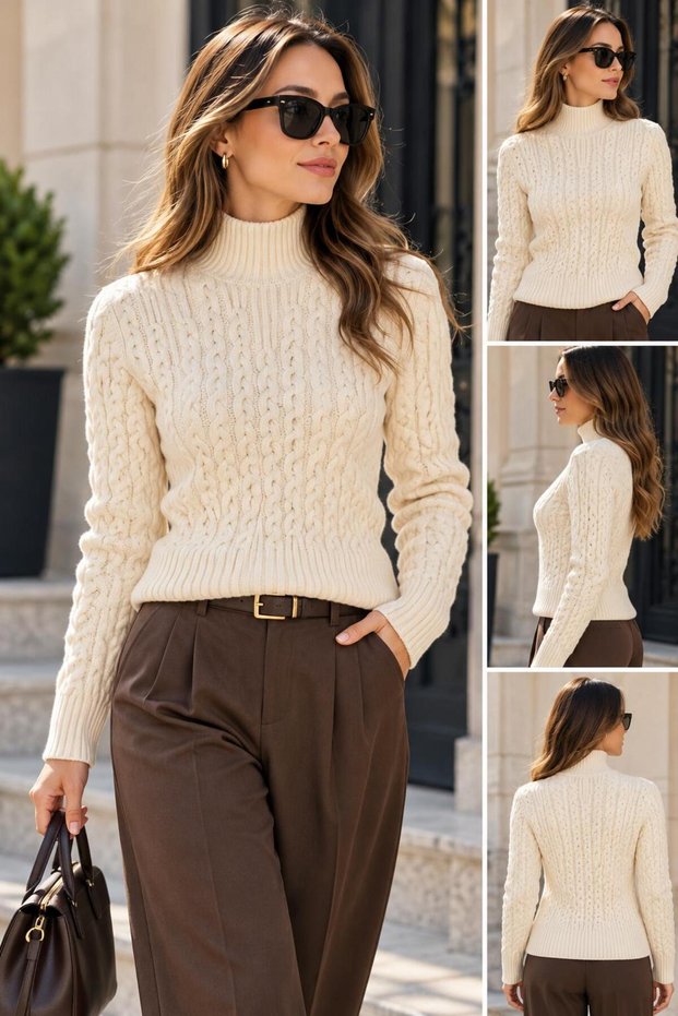 Women's Cream-Colored Knit Sweater with a Braided Pattern.