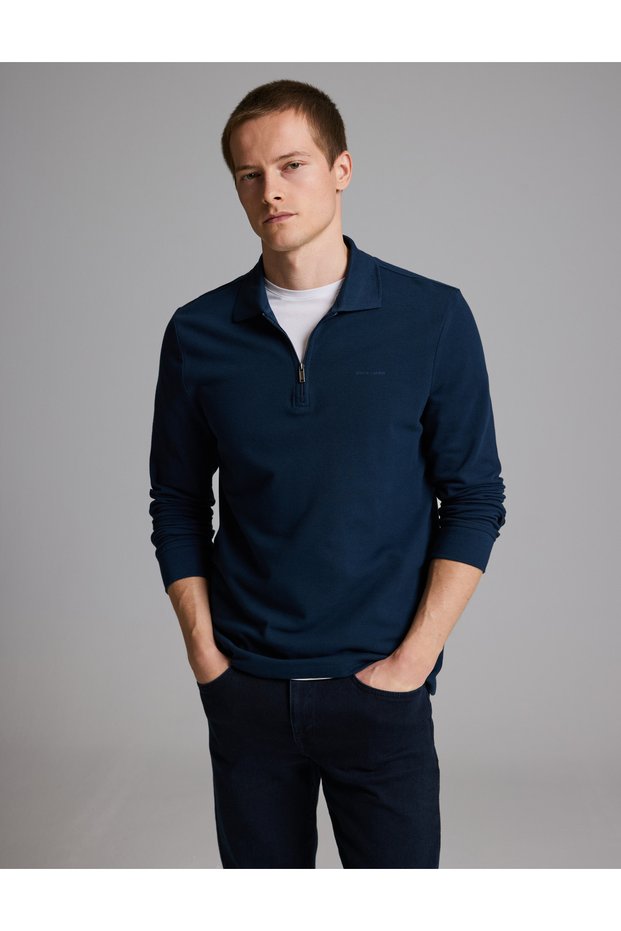 Navy Blue Regular Fit 100% Cotton Non-Crease Zip-Up Polo Collar Basic Sweatshirt 50334031-Vr033